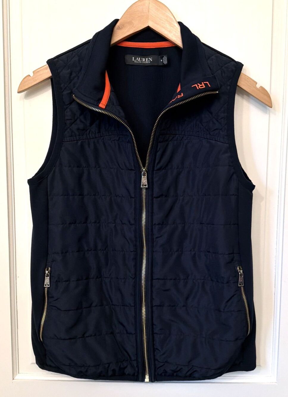 Lauren Ralph Lauren Women's Vest Blue M Zip Spell Out Golf Preppy Walking Vacay